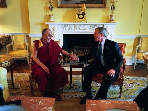 SPECIAL FRONTIER FORCE AT THE WHITE HOUSE: His Holiness the 14th Dalai Lama speaking with US President George Bush during their meeting in The White House on September 10, 2003.