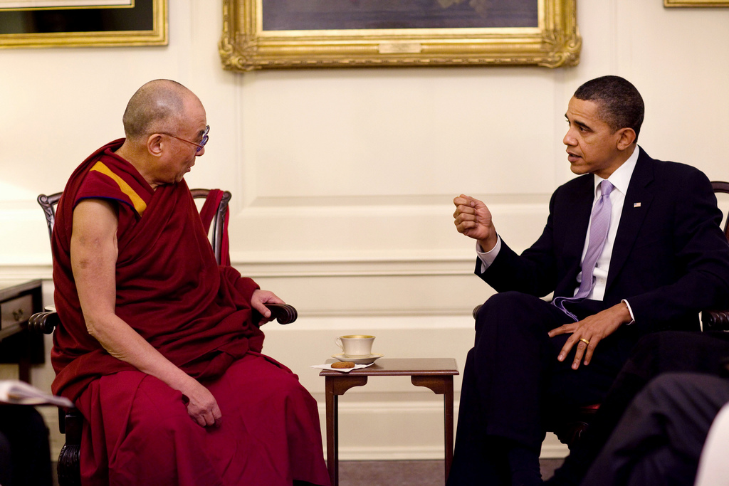 SPECIAL FRONTIER FORCE AT THE WHITE HOUSE: His Holiness the 14th Dalai Lama speaking with US President Barack Obama during their meeting in the Map Room of The White House, Washington, DC on February 18, 2010.