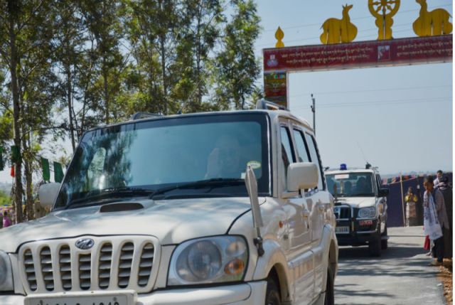 TIBETANS WILL GET BACK THEIR HOMELAND. TIBET IS ALWAYS TIBETAN. HIS HOLINESS THE DALAI LAMA ARRIVING AT TASHI LHUNPO MONASTERY, BYLAKUPPE, COORG, KARNATAKA, INDIA.