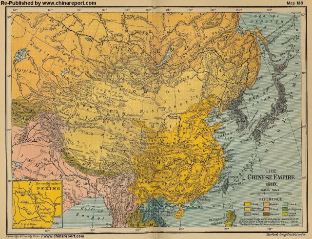 DOOMED HUMAN RIGHTS IN OCCUPIED TIBET - MAP OF QING CHINA EMPIRE 1910 A.D.